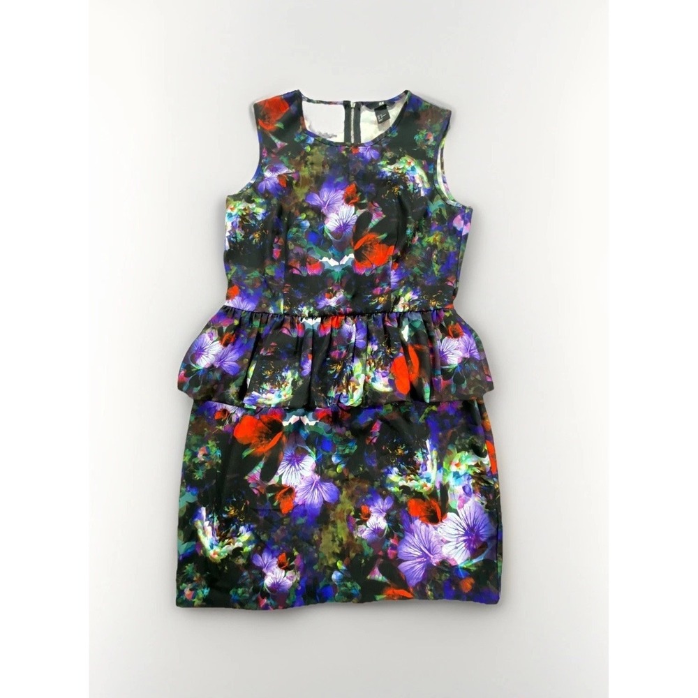 H&M Peplum Sheath Dress Womens 8 Multicolor Floral Sleeveless Crew Neck Back Zip